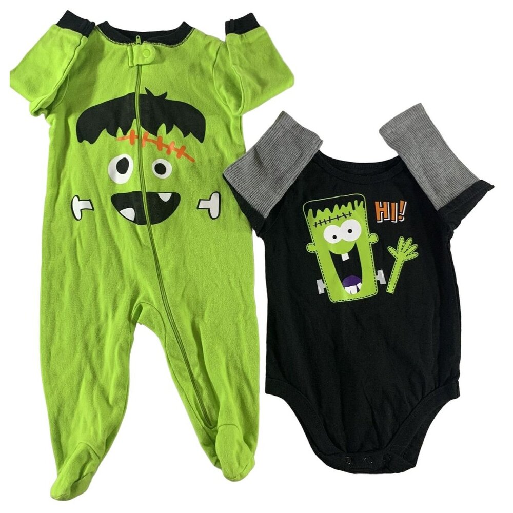 Garanimals Baby 6-9M Frankenstein Sleep Play Bodysuit 2 pc Set Halloween Green